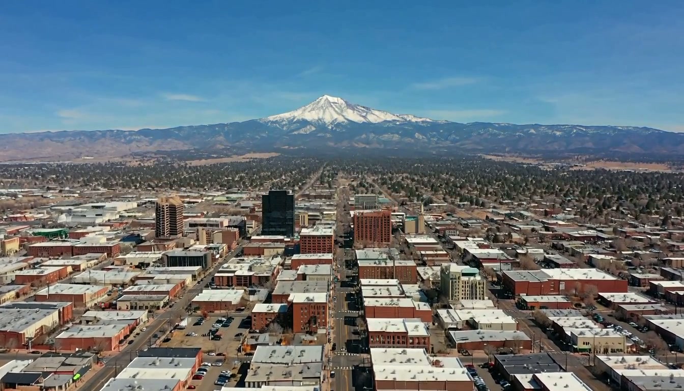 Downtown Colorado Springs with Pikes Peak in the distance